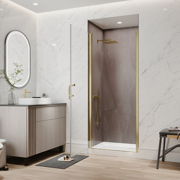 English Elm 32-34 in Frameless Pivot Shower Door Clear Glass Brushed Gold Reversible Bathroom W637P400607