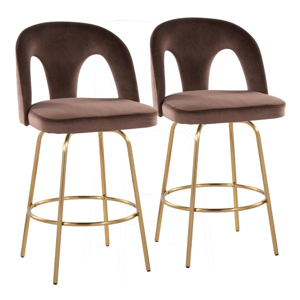 English Elm Fixed-height Swivel Counterstools with White Upholstery Gold Footrest Set of 2 Espresso B202S01789