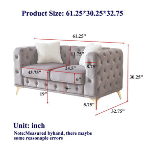 English Elm Fx Velvet Chesterfield Sofa Button Tufted Diamond Quilted Design with Accent Pillows Grey W1926S00089