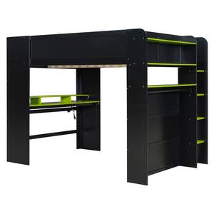 English Elm Full Size Gaming Bunk Bed with Rgb Lighting Integrated Desk Wardrobe and Storage Green LT100266AAG