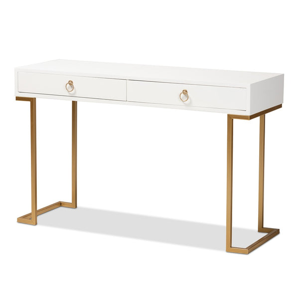 Baxton Studio Baxton Beagan Modern Console Table with Gold Metal Base and Two Spacious Drawers for Stylish Storage White JY20B168-White/Gold