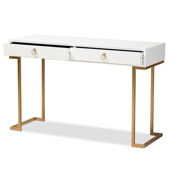 Baxton Studio Baxton Beagan Modern Console Table with Gold Metal Base and Two Spacious Drawers for Stylish Storage White JY20B168-White/Gold