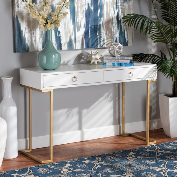 Baxton Studio Baxton Beagan Modern Console Table with Gold Metal Base and Two Spacious Drawers for Stylish Storage White JY20B168-White/Gold