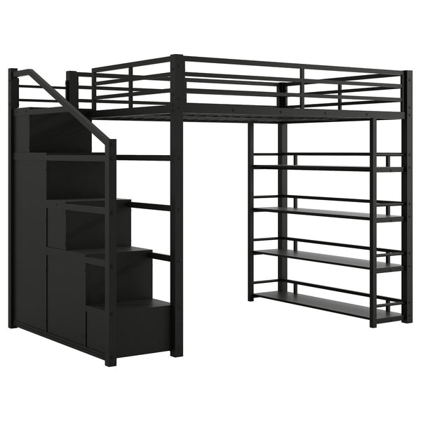 English Elm Queen Metal Loft Bed with Wardrobe Shelves and Staircase Storage in Matte Black N7090004203B