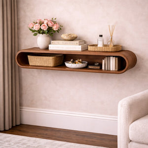 English Elm Solid Wood Handcrafted Arc Front Floating Media Console for Modern Living Rooms B182P490930