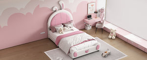 English Elm Twin Upholstered Platform Bed with Ribbit Headboard, White Pink Ears, Low-Profile Modern Frame, Cute WF323763AAK