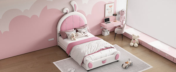 English Elm Twin Upholstered Platform Bed with Ribbit Headboard, White Pink Ears, Low-Profile Modern Frame, Cute WF323763AAK