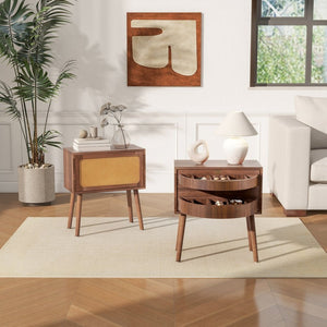 English Elm Rotating Rattan Nightstand Push Open Hidden Storage Mid Century Wood Leg Bedside Walnut N761P288451N
