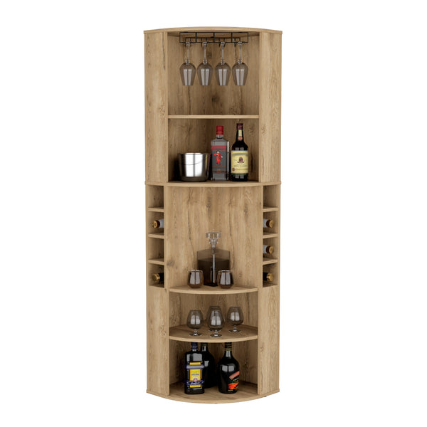 English Elm Oban Corner Bar Cabinet with Five Shelves, Eight Bottle Cubbies and Space-Saving Tall Storage Design Beige 45 L x 23 W x 4 H B070S00252