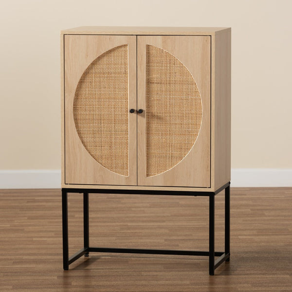 Baxton Studio Baxton Studio Ardon Bohemian Storage Cabinet - Light Brown Wood & Black Metal with Rattan Doors MUS-003-Natural/Black