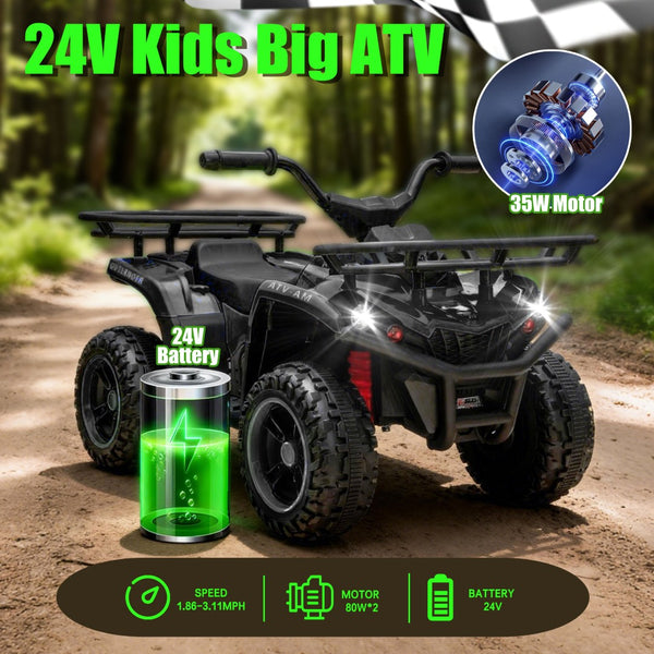 English Elm 24v Dual Motor Kids Atv Ride on with Led Lights Bluetooth Storage Racks Off Road Black W1578P390448