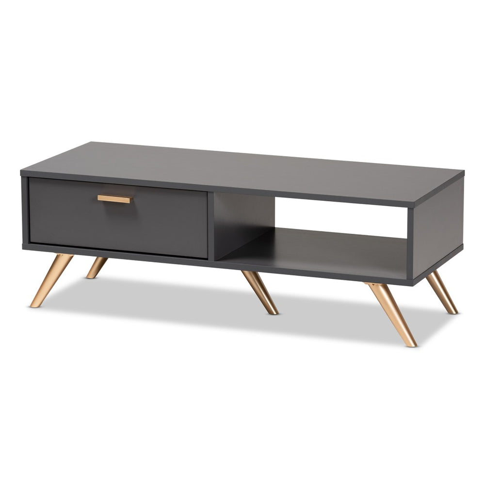 Baxton Studio Baxton Studio Kelson Modern Dark Grey Coffee Table with Gold Accents, Open Shelf & Hidden Drawer LV19CFT1914-Dark Grey-CT
