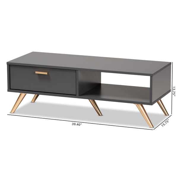 Baxton Studio Baxton Studio Kelson Modern Dark Grey Coffee Table with Gold Accents, Open Shelf & Hidden Drawer LV19CFT1914-Dark Grey-CT