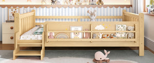 English Elm Queen Bunk Bed with Trundle Solid Pine Kids Car Themed Frame Built-in Bookshelf Light Natural W1580S00538