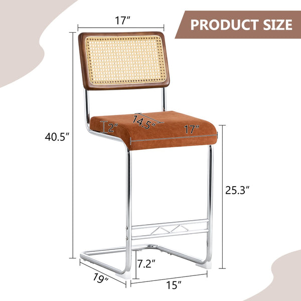 English Elm Natural Rattan Backrest Counter Stools Set of 4 with Chrome Legs and Pu Leather Seats W2920S00107