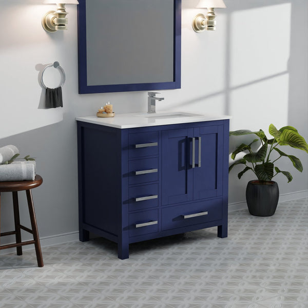 English Elm Navy Blue Bath Vanity 36" W X 22" D With Right Offset White Quartz Top & Elegant 34" Mirror Set B2731S00694