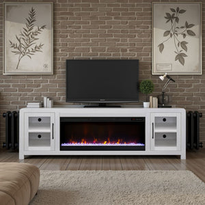 English Elm Haven 82" TV Stand with 42" Electric Fireplace, Oak Veneer, Glass Doors, Cable Management, White finish B108P364422