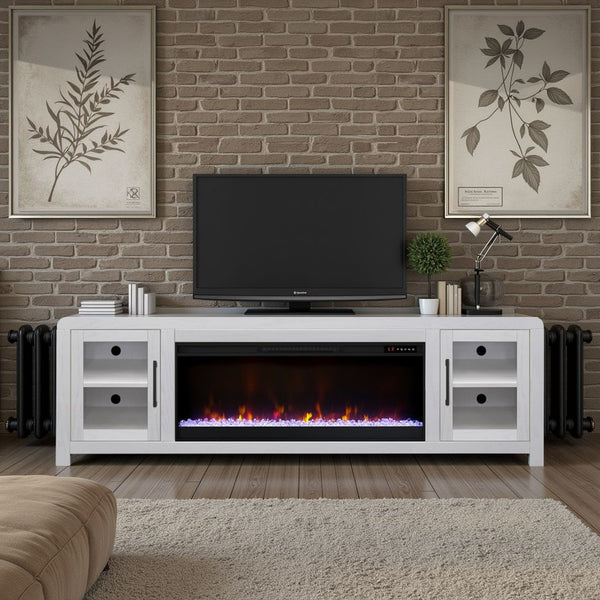 English Elm Haven 82" TV Stand with 42" Electric Fireplace, Oak Veneer, Glass Doors, Cable Management, White finish B108P364422