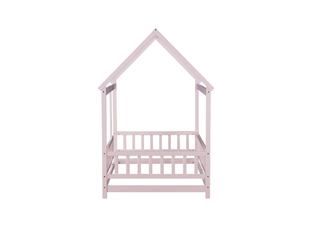 English Elm Twin Size House Floor Bed With Charming Roof Frame, Safety Guardrails & Soft Pink Finish For Kids W504P286405-GIGA
