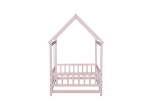 English Elm Twin Size House Floor Bed With Charming Roof Frame, Safety Guardrails & Soft Pink Finish For Kids W504P286405-GIGA