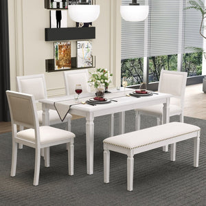 English Elm Trexm Rustic Farmhouse Extendable Dining Set Six Piece with Bench Distressed Wood Beige,White Washed ST000151AAE