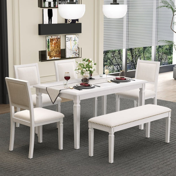 English Elm Trexm Rustic Farmhouse Extendable Dining Set Six Piece with Bench Distressed Wood Beige,White Washed ST000151AAE
