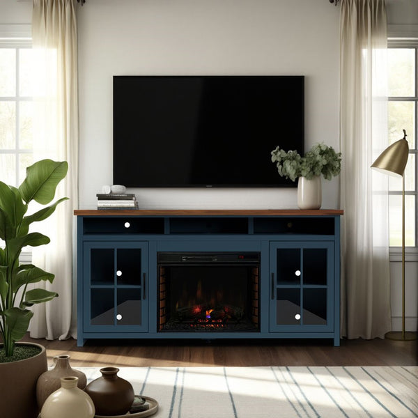 English Elm 74 Rustic Blue Denim & Whiskey Fireplace TV Stand for TVs to 85", Electric Insert, Storage, Farmhouse Charm B108P160234