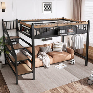 English Elm Full Size Metal Loft Bed with Stair Storage Shelves Bookshelf for Dorms Bedroom W1580S00378