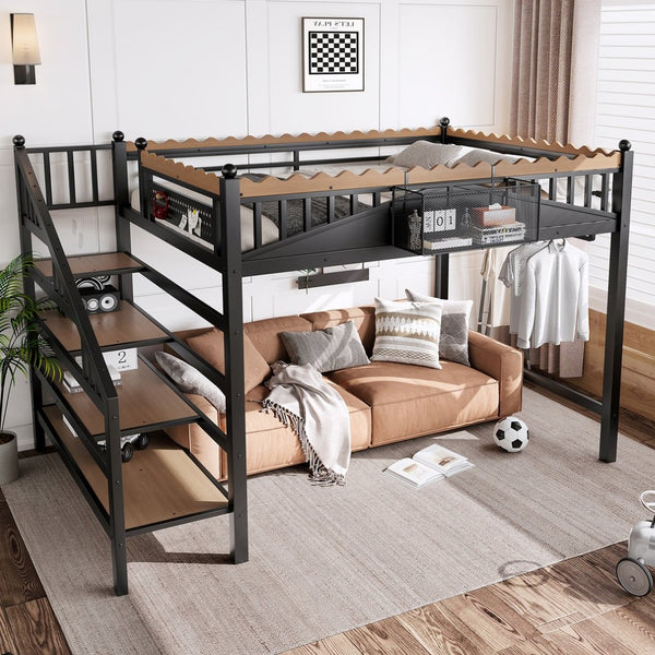 English Elm Full Size Metal Loft Bed with Stair Storage Shelves Bookshelf for Dorms Bedroom W1580S00378