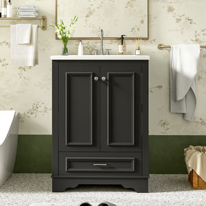 English Elm 24'' Bathroom Vanity with Ceramic Sink Combo Modern Freestanding MDF Cabinet with Soft-Close Doors and Sleek Silver Handles for Spacious Organized Bathroom Storage Black N710P194893B