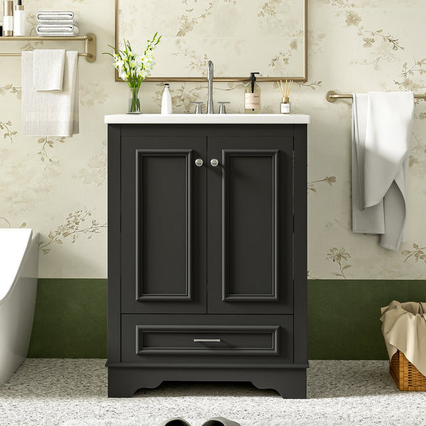 English Elm 24'' Bathroom Vanity with Ceramic Sink Combo Modern Freestanding MDF Cabinet with Soft-Close Doors and Sleek Silver Handles for Spacious Organized Bathroom Storage Black N710P194893B