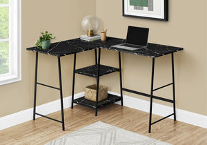 English Elm Computer Desk - Stylish L-Shaped Corner Workspace With Black Marble Look & Open Storage Shelves B2710P221284