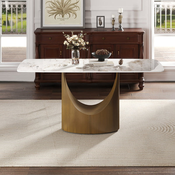English Elm 63" Modern Artificial Stone Dining Table With Curved Design, Bronze Legs & Integrated Lazy Susan W1535S00551