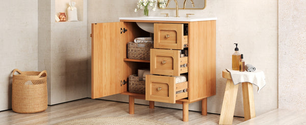 English Elm 30 Inch Bathroom Vanity with Ceramic Sink, Grey Farmhouse Cabinet w/3 Soft-Close Drawers & Storage N710P333972P