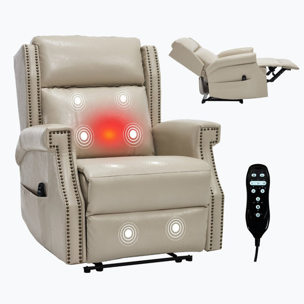 English Elm Emon's Overstuffed Chenille Power Lift Recliner with Massage Heat and Charging Ports Beige W1803S00086