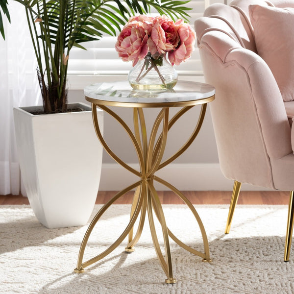 Baxton Studio Baxton Studio Gold-Finished Modern End Table with Elegant Round Marble Top for Chic Living Spaces H01-97048-Metal/Marble Side Table
