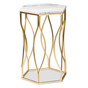 Baxton Studio Baxton Studio Kalena Modern Gold Metal End Table with Hexagon Marble Top for Chic Living Spaces H01-97049-Metal/Marble Side Table