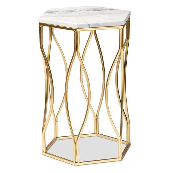 Baxton Studio Baxton Studio Kalena Modern Gold Metal End Table with Hexagon Marble Top for Chic Living Spaces H01-97049-Metal/Marble Side Table