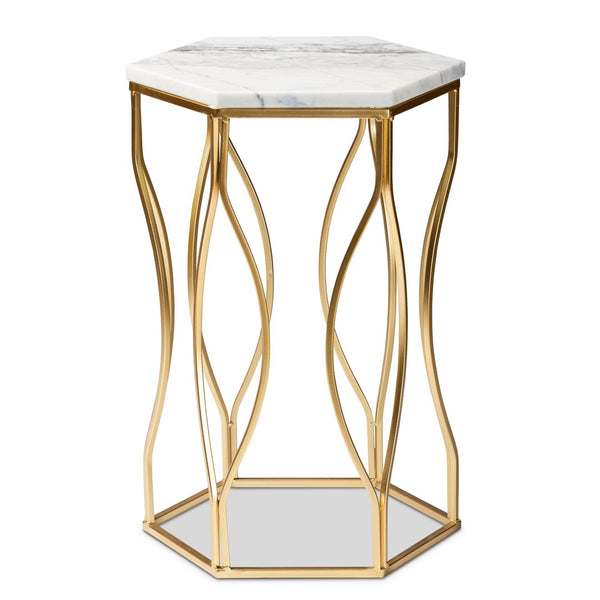 Baxton Studio Baxton Studio Kalena Modern Gold Metal End Table with Hexagon Marble Top for Chic Living Spaces H01-97049-Metal/Marble Side Table