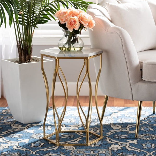 Baxton Studio Baxton Studio Kalena Modern Gold Metal End Table with Hexagon Marble Top for Chic Living Spaces H01-97049-Metal/Marble Side Table