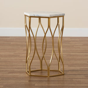Baxton Studio Baxton Studio Kalena Modern Gold Metal End Table with Hexagon Marble Top for Chic Living Spaces H01-97049-Metal/Marble Side Table