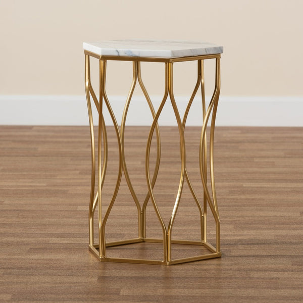 Baxton Studio Baxton Studio Kalena Modern Gold Metal End Table with Hexagon Marble Top for Chic Living Spaces H01-97049-Metal/Marble Side Table