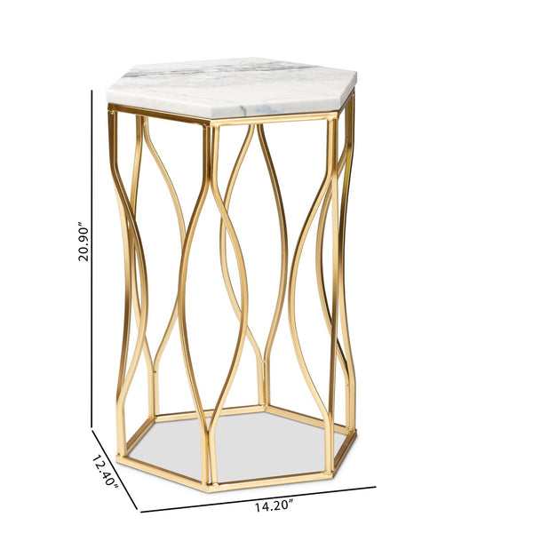 Baxton Studio Baxton Studio Kalena Modern Gold Metal End Table with Hexagon Marble Top for Chic Living Spaces H01-97049-Metal/Marble Side Table