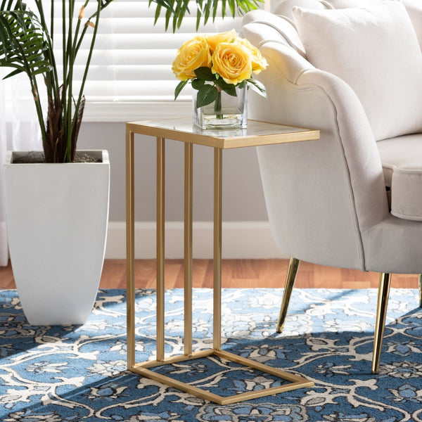 Baxton Studio Baxton Studio C-Shaped End Table with Marble Top & Gold Metal Frame - Modern Living Room Accent H01-100346-Metal/Marble Side Table