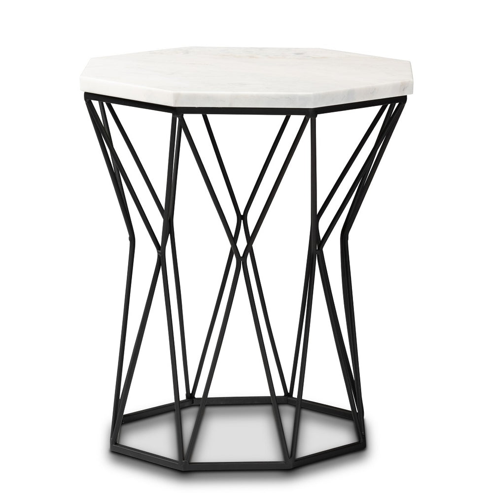 Baxton Studio Baxton Venedict Modern Black Metal End Table with Unique Octagon Marble Top for Chic Living Spaces H01-94139-Metal/Marble Side Table