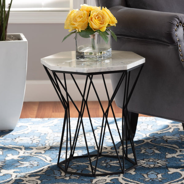 Baxton Studio Baxton Venedict Modern Black Metal End Table with Unique Octagon Marble Top for Chic Living Spaces H01-94139-Metal/Marble Side Table