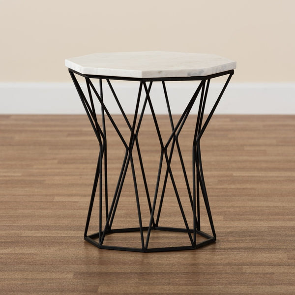 Baxton Studio Baxton Venedict Modern Black Metal End Table with Unique Octagon Marble Top for Chic Living Spaces H01-94139-Metal/Marble Side Table