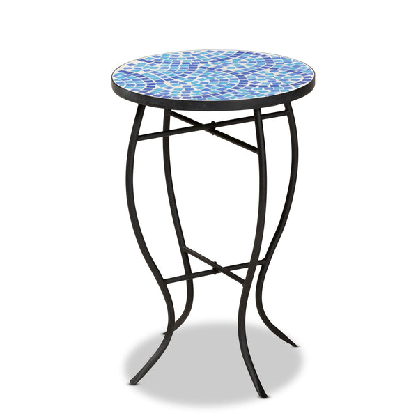 Baxton Studio Baxton Gaenor Modern Black Metal Plant Stand with Blue Glass Mosaic Top for Contemporary Spaces H01-97880-Mosaic Plant Stand