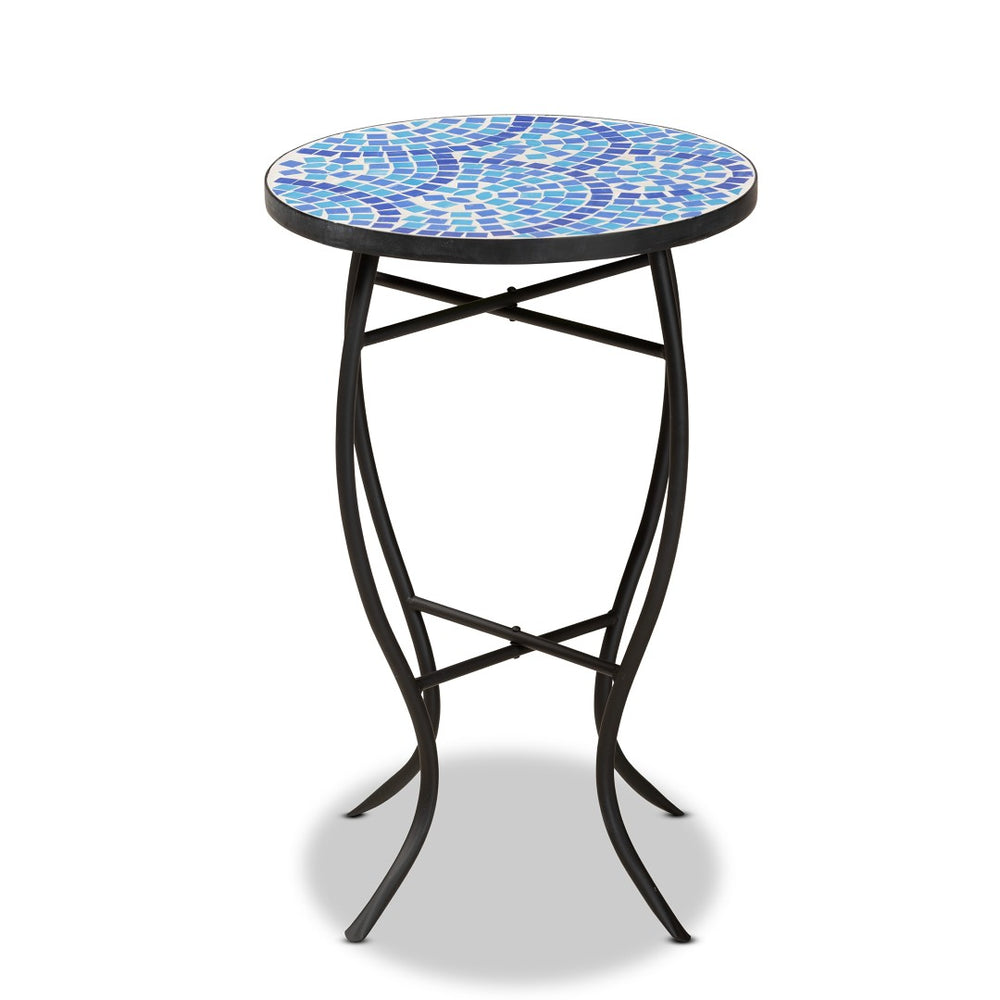 Baxton Studio Baxton Gaenor Modern Black Metal Plant Stand with Blue Glass Mosaic Top for Contemporary Spaces H01-97880-Mosaic Plant Stand