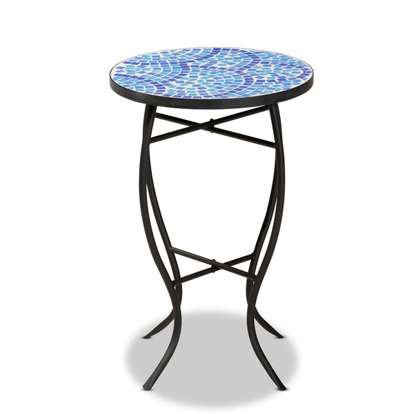 Baxton Studio Baxton Gaenor Modern Black Metal Plant Stand with Blue Glass Mosaic Top for Contemporary Spaces H01-97880-Mosaic Plant Stand